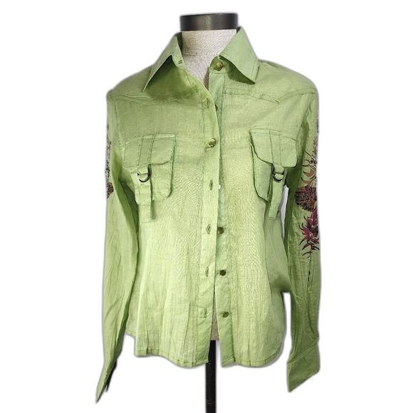 NWT Alexis D Paris Green Button-up Embroidered Shirt size S - Picture 1 of 7